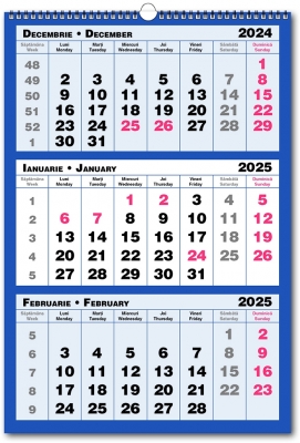 Calendar triptic trei culori, albastru, 33 x 48 cm, 12 file, 2025